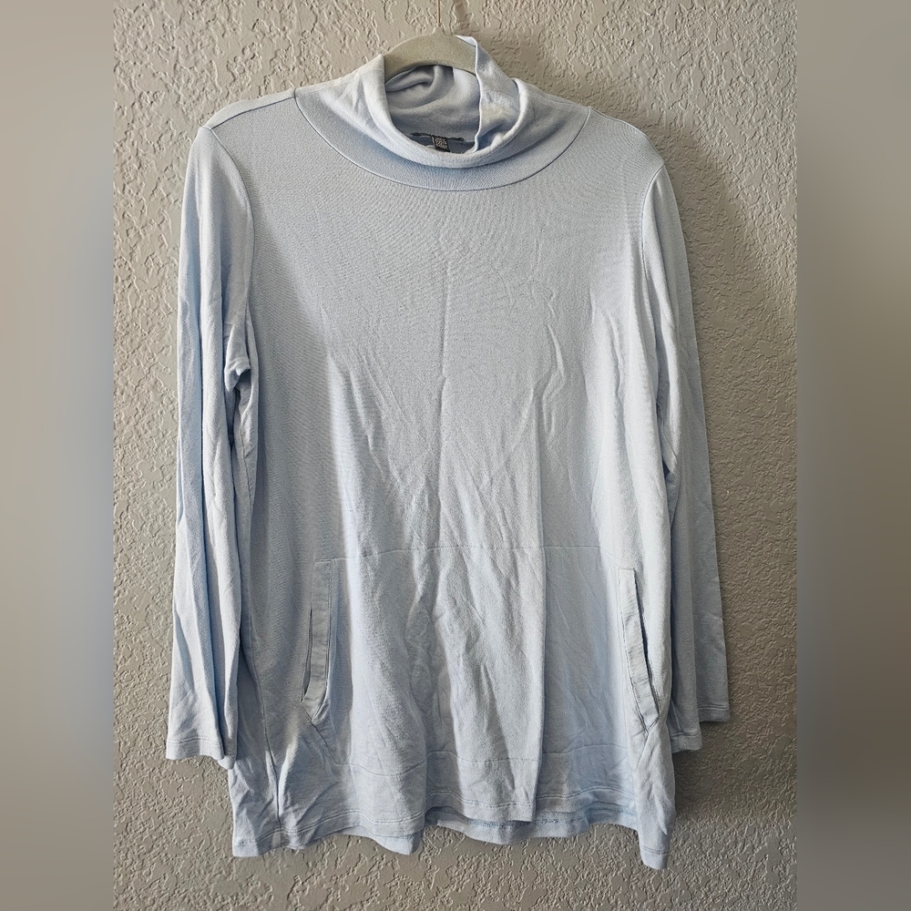 Eileen Fisher Scrunch Neck Tunic Top light blue Size S, with pockets, long sleev